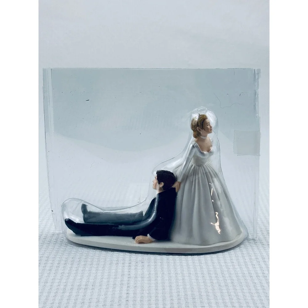 Funny Bride Dragging Groom Wedding Cake Topper Novelty Resin Figurine